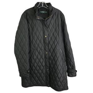 Lauren Ralph Lauren Quilt Jacket Women XL Black Equestrian Hunting Coat Snap Zip